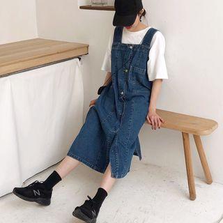Plain Elbow-sleeve-shirt / Buttoned Midi Denim Dungaree Dress