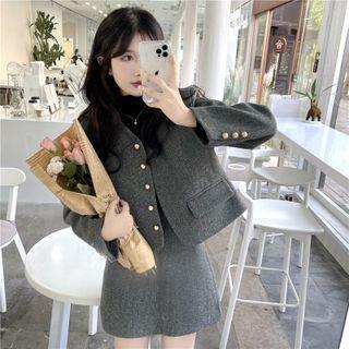 V-neck Cropped Long-sleeve Jacket / Plain A-line Skirt
