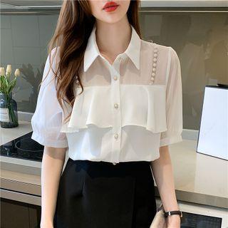 Ruffled Mesh Panel Chiffon Shirt