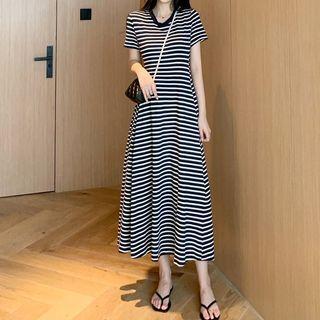 Short-sleeve Striped A-line Dress Stripes - Black & White - One Size