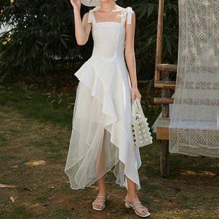 Set: Wide Strap Maxi A-line Dress + Irregular Skirt