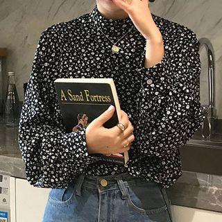 Lantern-sleeve Floral Blouse Black - One Size