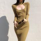 Long-sleeve Midi Sheath Knit Dress Khaki - One Size