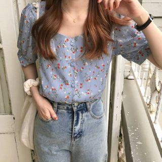 Square-neck Floral Button Shirt As Shown In Figure - One Size