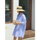 Drop-shoulder Tie-waist Stripe Shirtdress
