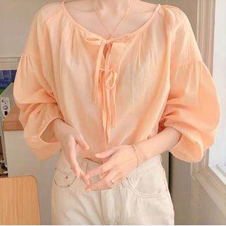 Long-sleeve Front-tie Blouse Nude Pink - One Size
