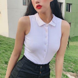 Sleeveless Button Plain Cropped Top