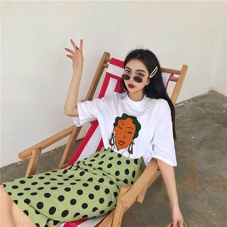 Cartoon Print Elbow-sleeve T-shirt / Dotted Midi Straight-fit Skirt