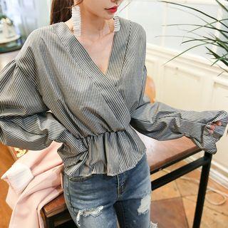 Wrapped V-neck Pinstripe Peplum Top