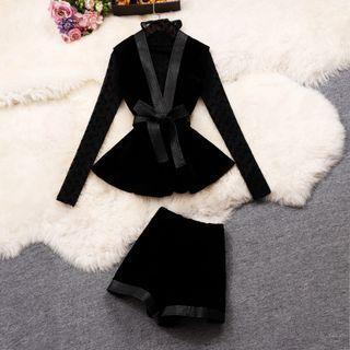 Set: Mesh Top + Faux Leather Trim Vest + Shorts