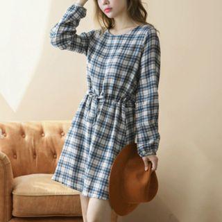 Bishop-sleeve Drawstring-waist Plaid Dress