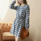 Bishop-sleeve Drawstring-waist Plaid Dress