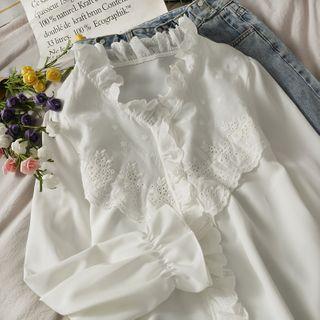 Ruffled-trim V-neck Loose Blouse White - One Size