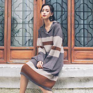 V-neck Long-sleeve Stripe Midi Knit Dress