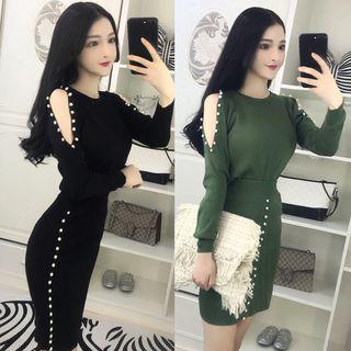 Set: Faux Pearl Cut-out Long-sleeve Knit Top + High-waist Pencil Skirt