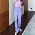 Mock-turtleneck Short-sleeve Cutout Cropped Knit Top / Wide Leg Pants