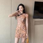 Short-sleeve Floral Mini Qipao / Camisole / Undershorts / Set