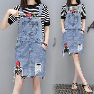 Set: Embroidered Striped Short-sleeve T-shirt + Ripped Denim Pinafore Dress