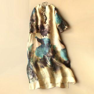 Buttoned Printed A-line Midi Dress