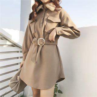 Pocketed Furry Trim Long Sleeve Coat Dress