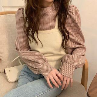 Long-sleeve Mock-neck Plaid Top / Knit Vest