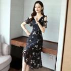 Short-sleeve Cold Shoulder Floral A-line Wrap Dress