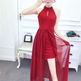 Halter Chiffon Overlay Slit A-line Midi Dress