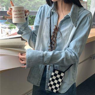 Long-sleeve Lace-up Denim Shirt Blue - One Size