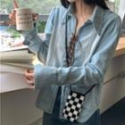 Long-sleeve Lace-up Denim Shirt Blue - One Size