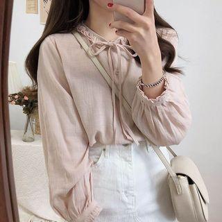 Ruffled Ribbon Long-sleeve Blouse
