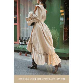Frilled-detail Asymmetric-hem Long Dress With Sash