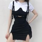 Mock Two-piece Short-sleeve Buckled Mini Dress