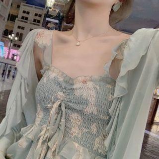 Set: Ruffled Light Cardigan + Spaghetti Strap Floral Print Midi A-line Dress