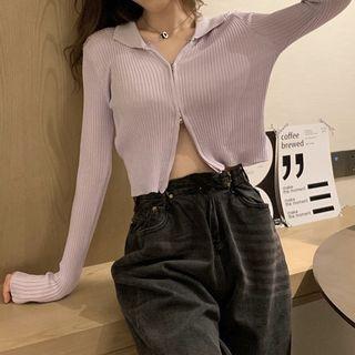 Collared Zip-up Crop Knit Top