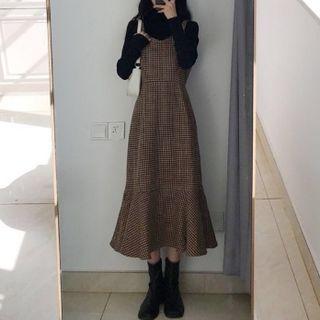 Long-sleeve Top / Spaghetti Strap Plaid Dress / Set