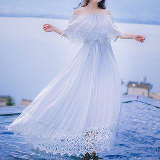 Lace Trim Off-shoulder Maxi A-line Dress