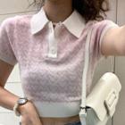 Short-sleeve Heart Knit Slim-fit Crop Polo Shirt Pink - One Size