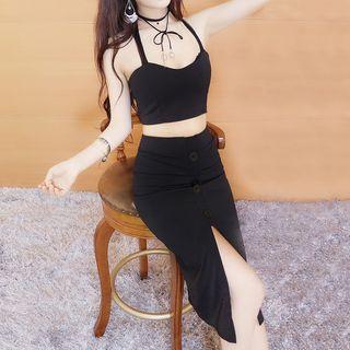 Set: Cropped Halter Top + Front Slit Midi Skirt