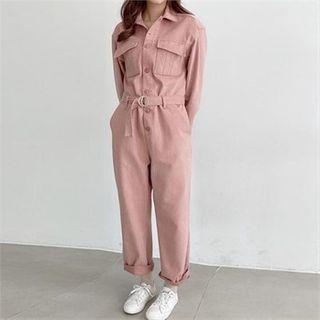 Flap-pocket Buttoned Jumpsuit With Belt