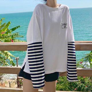 Long-sleeve Letter Printed Stripe Panel T-shirt