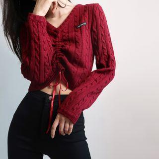 Plain V-neck Drawcord Cable-knit Long-sleeve Sweater