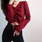 Plain V-neck Drawcord Cable-knit Long-sleeve Sweater