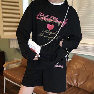 Long-sleeve Round-neck Heart Lettering Embroidered Sweatshirt / Lettering Embroidered Shorts (various Designs)