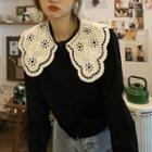 Wide Collar Cropped Cardigan White Collar - Black - One Size