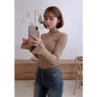 Mock-neck Bell-cuff Rib Knit Top