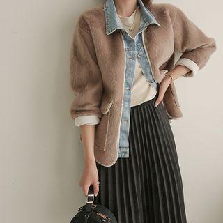 Denim-trim Faux-fur Boxy Jacket