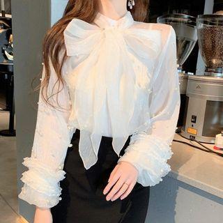 Tie-neck Faux Pearl Mesh Blouse White - One Size