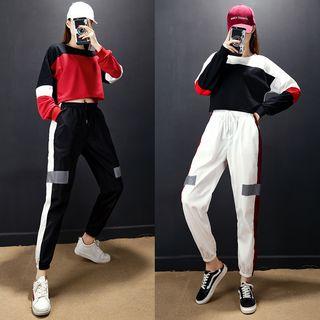 Long-sleeve Cropped Top / Contrast Trim Harem Pants