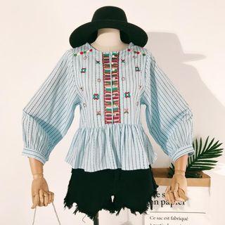 3/4-sleeve Embroidered Pinstriped Blouse