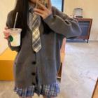 Plain Knit Cardigan / Plain Shirt / Plaid Pleated Mini Skirt